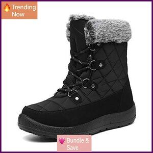 Women's Waterproof Snow Boots Mid Calf Faux Fur Lace Up Non Slip Winter